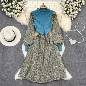 Осеннее и зимнее стареющее вельветовое платье трапециевидной формы с круглым вырезом и вязаными бретелями, облегающее талию, с цветочным принтом