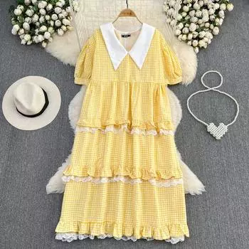 Осеннее и зимнее свободное платье в клетку с длинными рукавами и кружевной строчкой, уменьшающее возраст, с милым детским вырезом One Size синий