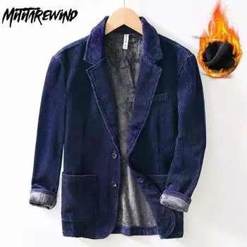 Осеннее и зимнее теплое пальто, мужские пригородные британские костюмы и блейзеры, вельветовая флисовая куртка, однотонные утепленные куртки в простом стиле M синий