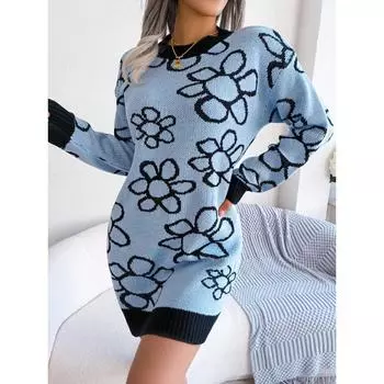 Осеннее и зимнее трикотажное платье-свитер контрастного цвета с длинными рукавами и цветочным принтом S синий