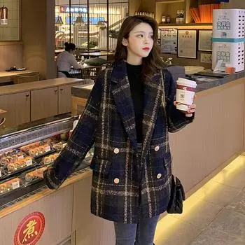 Осеннее и зимнее твидовое пальто в британском стиле средней длины в клетку, двубортная одежда больших размеров S