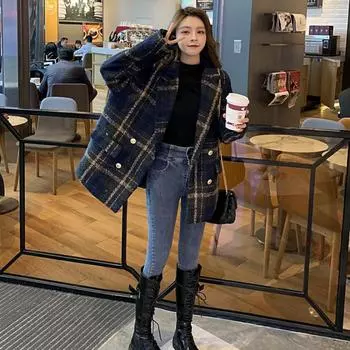 Осеннее и зимнее твидовое пальто в британском стиле средней длины в клетку, двубортная одежда больших размеров S