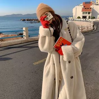 Осеннее и зимнее утолщенное длинное пальто из искусственного меха, экологически чистое меховое пальто для женщин One Size коричневый