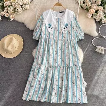 Осеннее и зимнее возрастное платье с цветочным принтом, маленькое свежее темпераментное платье с вышитым кукольным воротником, свободное платье с рюшами