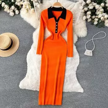 Осеннее и зимнее вязаное трикотажное платье с длинными рукавами и нишами с пуговицами в упаковке на осень и зиму. One Size чёрный