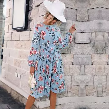 Осеннее и зимнее женское модное платье с цветочным принтом, синяя плиссированная юбка с длинным рукавом XL синий