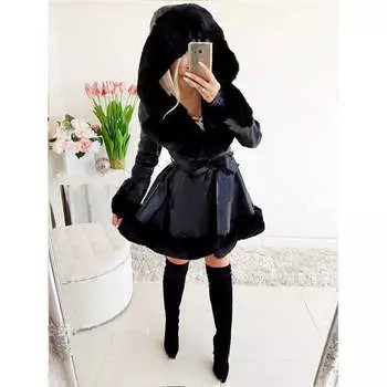 Осеннее и зимнее женское пальто с капюшоном, утолщенная талия, теплое повседневное роскошное элегантное свободное пальто L чёрный