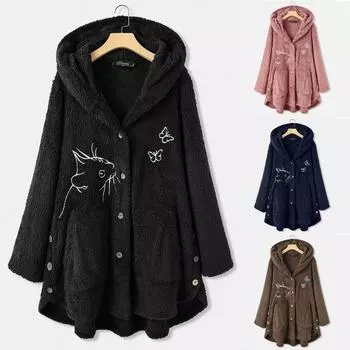Осеннее и зимнее женское пальто с плюшевым верхом на пуговицах и нерегулярной кошачьей вышивкой S тёмно-синий