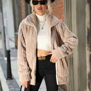 Осеннее и зимнее женское пальто с лацканами и молнией, однотонное двустороннее плюшевое пальто средней длины с длинными рукавами S светло-коричневого