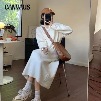 Осеннее и зимнее женское платье-свитер, вязаное платье с капюшоном, свободные узкие платья-свитера длиной до колена с внутренней стороны One Size серый