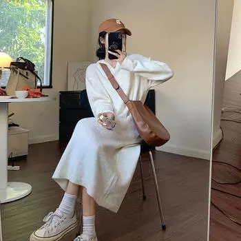 Осеннее и зимнее женское платье-свитер, вязаное платье с капюшоном, свободные узкие платья-свитера длиной до колена с внутренней стороны One Size серый