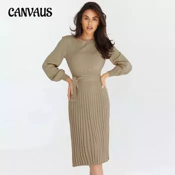 Осеннее и зимнее женское трикотажное платье, тонкая плиссированная юбка-свитер средней длины S мох зеленого