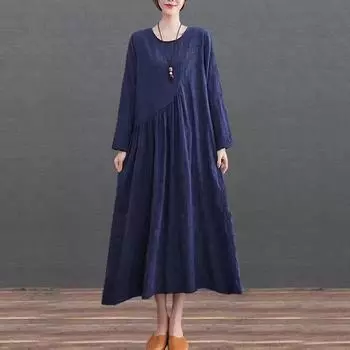 Осеннее искусство большого размера свободные длинные платья сращивание жаккард хлопок пенька платье с длинным рукавом для женщин M красный