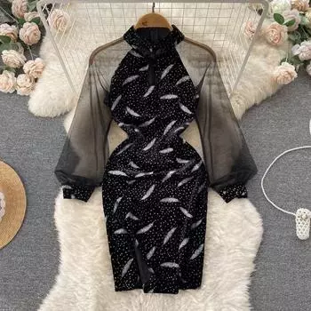 Осеннее китайское бархатное сетчатое платье с пузырьковыми рукавами в китайском стиле с открытыми бедрами Cheongsam Dress