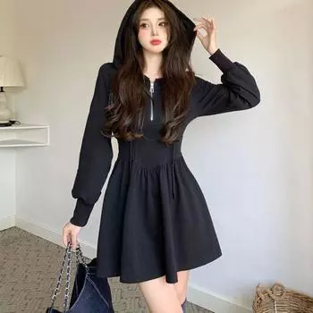 Осеннее корейское платье с капюшоном на молнии для женщин Kpop с длинным рукавом, мини-короткие платья, мода, новинка L чёрный