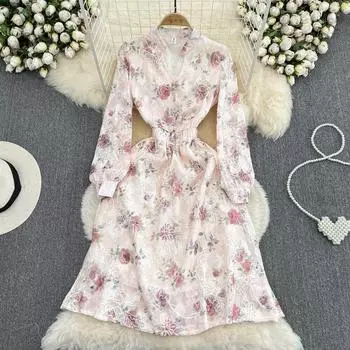 Осеннее корейское платье в стиле ретро с длинным рукавом и v-образным вырезом на талии, утягивающее длинное платье с вышивкой и принтом