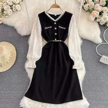 Осеннее корейское ретро-стиль с поддельными двумя v-образными вырезами и длинными рукавами на талии, тонкое платье средней длины с буквой А-слово