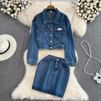 Осеннее короткое пальто в гонконгском стиле в стиле ретро с высокой талией, юбка трапециевидной формы, короткая юбка, модный комплект из двух предметов