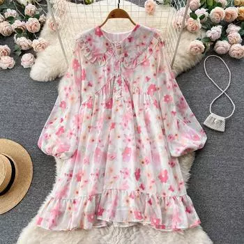 Осеннее красивое платье с длинными рукавами и юбкой с рюшами и длинными рукавами, женское платье с кукольным воротником