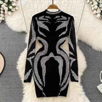 Осеннее легкое и роскошное темпераментное платье-стойка с бриллиантами и талией, тонкое и короткое платье на бедрах One Size чёрный