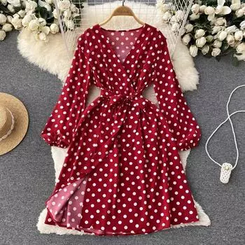 Осеннее легкое и знакомое французское темпераментное платье с v-образным вырезом в горошек и буквами А-слова на талии, утягивающее платье с рукавами-фонариками