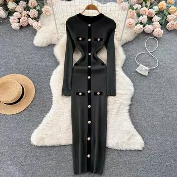 Осеннее легкое и знакомое стильное контрастное цветное трикотажное платье для похудения с длинными рукавами для женщин