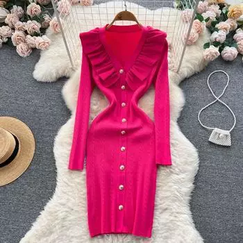 Осеннее легкое и знакомое стильное нишевое платье с v-образным вырезом и v-образным вырезом с новой талией и длинными рукавами One Size чёрный