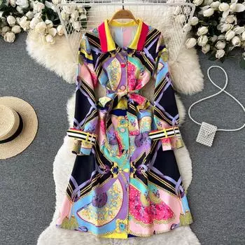 Осеннее легкое и знакомое стильное нишевое платье с принтом и темпераментом, с длинными рукавами и шнуровкой на талии M