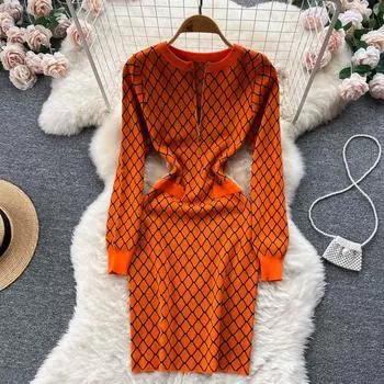 Осеннее легкое и знакомое стильное вязаное платье высокого качества с длинными рукавами и талией для похудения