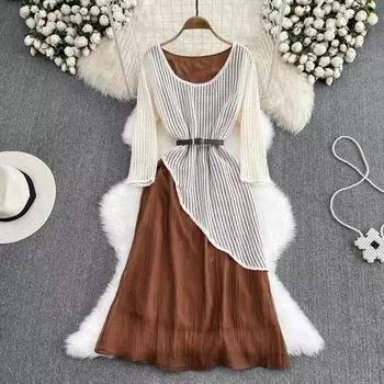 Осеннее легкое и зрелое темпераментное платье-трапеция из двух частей с круглым вырезом и длинными рукавами на талии, утягивающее кружевное платье трапециевидной формы