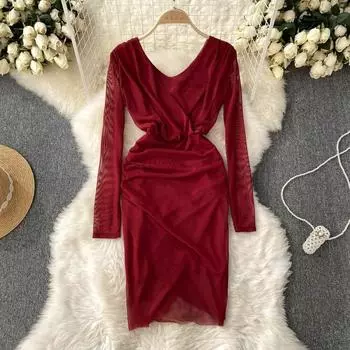 Осеннее легкое и зрелое женское темпераментное платье с v-образным вырезом на талии и нерегулярными бедрами