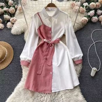 Осеннее легкое платье-рубашка средней длины с длинными рукавами и длинными рукавами во французском стиле с высокой талией и высокой талией для пожилых людей.