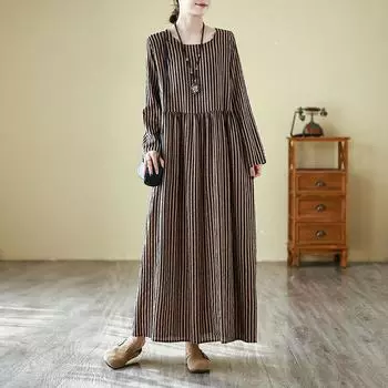Осеннее литературное платье больших размеров в полоску с круглым вырезом и длинными рукавами, женские длинные платья с винтажным принтом XL