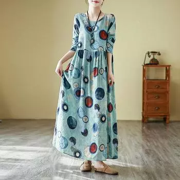 Осеннее литературное платье больших размеров с круглым вырезом и длинными рукавами, длинное женское платье XL