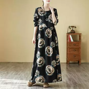 Осеннее литературное платье больших размеров с круглым вырезом и длинными рукавами, женские длинные платья в стиле бохо с цветочным принтом XL чёрный