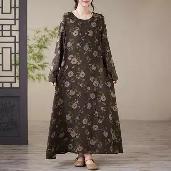 Осеннее литературное платье больших размеров из хлопка и льна с принтом, круглым вырезом и длинными рукавами, женские платья с длинной юбкой L