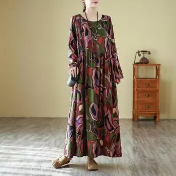 Осеннее литературное платье больших размеров с круглым вырезом и длинными рукавами, женское винтажное длинное платье с цветочным принтом XL красный