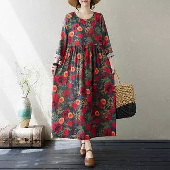 Осеннее литературное платье больших размеров с принтом, круглым вырезом и длинными рукавами, женское длинное XL