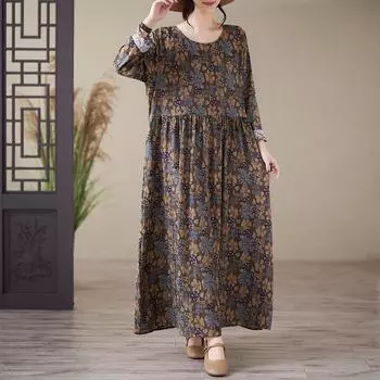 Осеннее литературное платье больших размеров свободного покроя из хлопка и льна с принтом, с круглым вырезом и длинными рукавами, женские длинные платья L