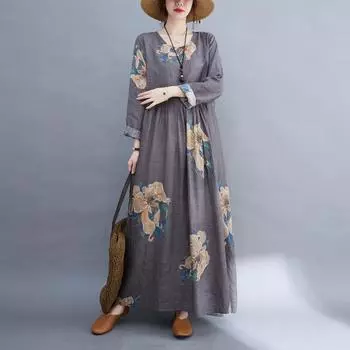 Осеннее литературное платье больших размеров с круглым вырезом и длинными рукавами, повседневные длинные платья для женщин M серый