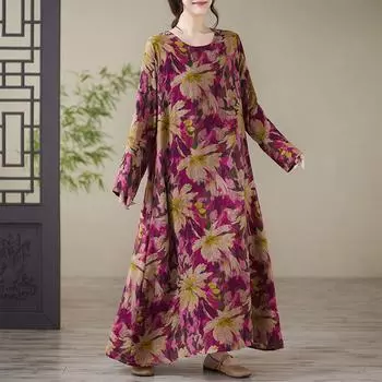 Осеннее литературное платье больших размеров из хлопка и льна с принтом, круглым вырезом и длинными рукавами для женщин large size L