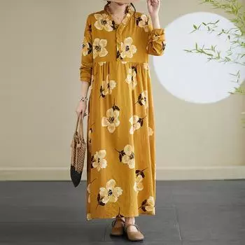 Осеннее литературное платье больших размеров с принтом грибкового кружева с V-образным вырезом и длинными рукавами для женщин Платья L