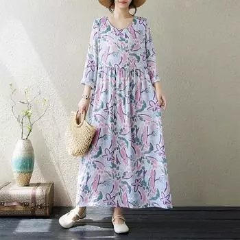Осеннее литературное платье больших размеров из хлопка и льна с принтом, круглым вырезом и длинными рукавами для женщин, платья XL