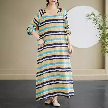Осеннее литературное платье больших размеров в полоску с круглым вырезом и длинными рукавами для женщин Платья one size
