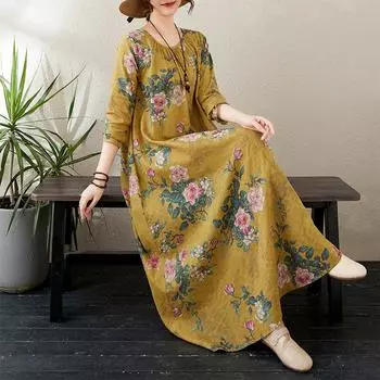 Осеннее литературное платье больших размеров с принтом, свободным круглым вырезом и длинными рукавами для женщин, платья L