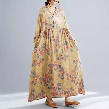 Осеннее литературное платье Plus Casual Loose Print Fungus Lace V-образным вырезом с длинными рукавами для женщин Платья L