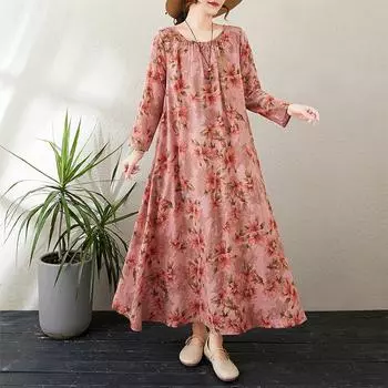 Осеннее литературное свободное платье больших размеров с круглым вырезом и длинными рукавами для весенних женщин в винтажном стиле L