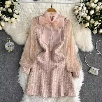 Осеннее маленькое ароматное твидовое платье-стойка с воротником-стойкой и бантом средней длины, кружевное сетчатое платье с рукавами, искусственное платье из двух частей S розовый