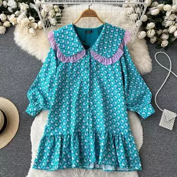 Осеннее маленькое свободное и тонкое кукольное платье в ленивом стиле с пышными рукавами и цветочным принтом One Size небесно-голубой