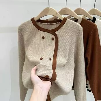 Осеннее модное европейское однотонное вязаное женское весеннее облегающее нижнее белье с круглым вырезом, топ M чёрный